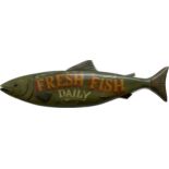 'Fresh Fish Daily' wooden advertising hanging sign. 123cm w x approx. 36cm h x approx. 9cm d.