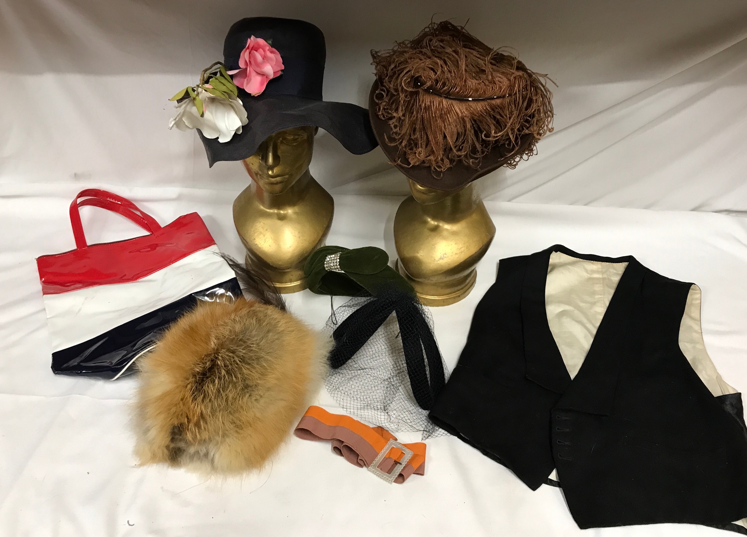 Assortment of vintage hats and costume to include: Bermona Boutique London navy hat, Louise Ette