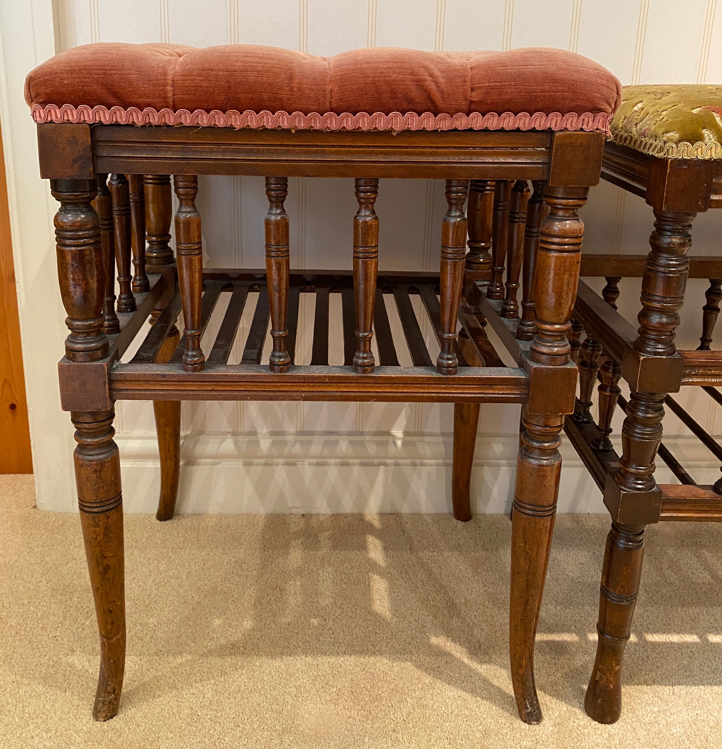 Two Edwardian mahogany piano stools. Red cushion 40.5 w x 33 d x 57cm h. - Image 4 of 5