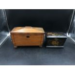Two wooden boxes, one laquered/hand painted with fitted lined interior, the other a mahogany