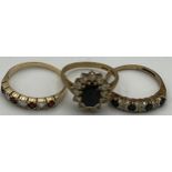 Three 9 carat gold gem set rings. Total weight 7.1g. Various sizes.