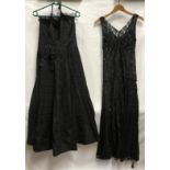 Two black long evening dresses, one 1950's style with halter neck and the other a sheer dress with