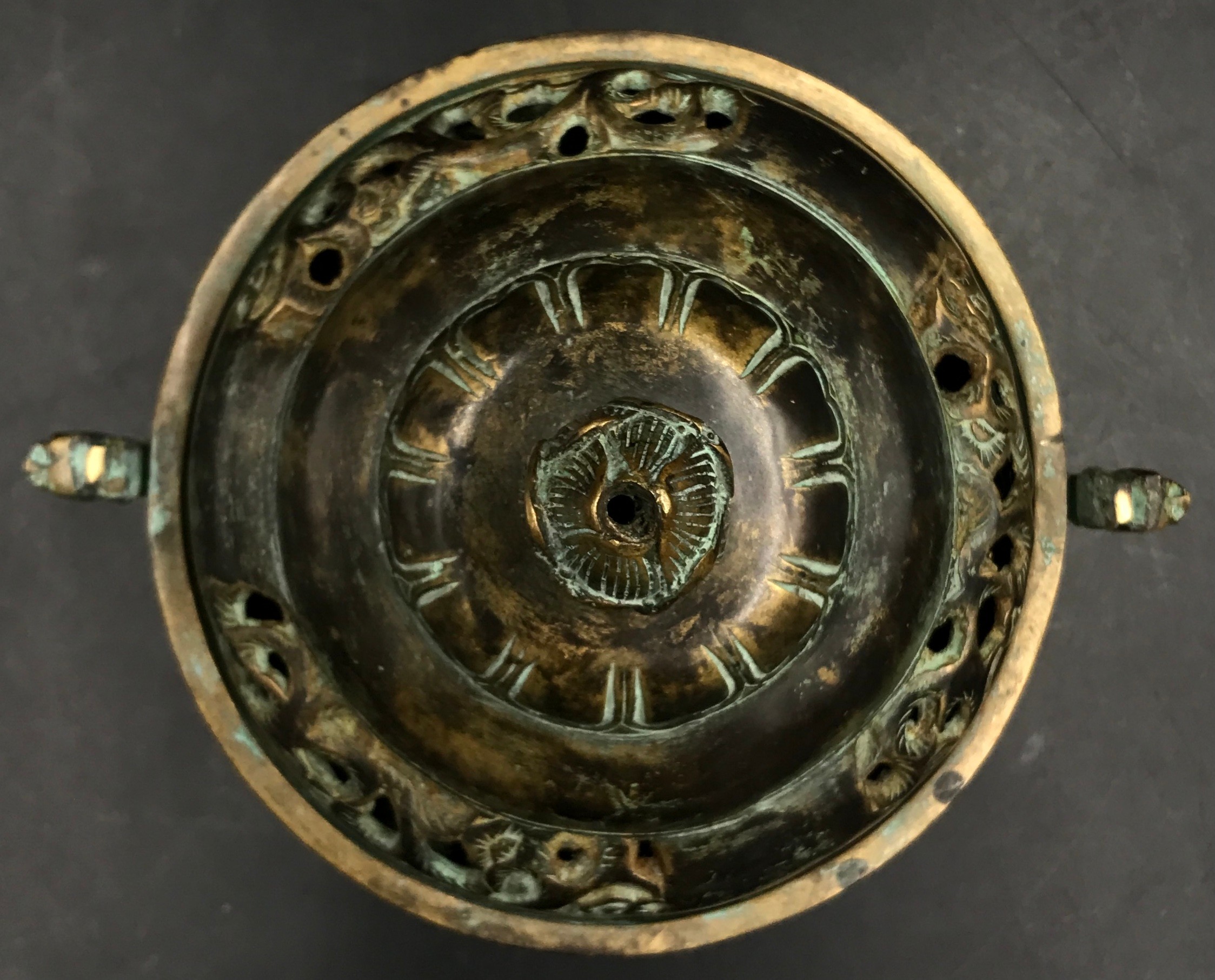 A Chinese bronze incense burner, with lotus finial and dragon handles, raised on three shaped - Image 5 of 6