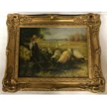 Oil on board by Lausen (initials possibly C.L.) shepherdess with flock of sheep in ornate gilt