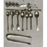 A collection of silver items to include Georgian tongs hallmarked 1790 Exeter Josheph Hicks, 4x