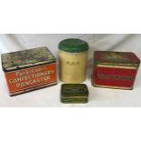 Collection of four tins to include Squirrel Confections, Parkinsons Confectionery Doncaster (Rum &