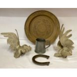 Metal ware to include cockerels, horseshoe trivet, oriental brass plate and pewter mug.