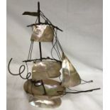 Two Mother-of-pearl/ nacre shell and brass sculptures representing sailing ships with all sails