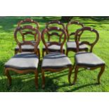 Six 19thC mahogany dining chairs on cabriole legs and upholstered seats.