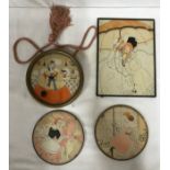 Four illustrations of ladies in dresses and bonnets from the 1800's in vintage frames.