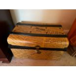 A painted metal storage box depicting music notes. 74 w x 51 d x 49cm h.