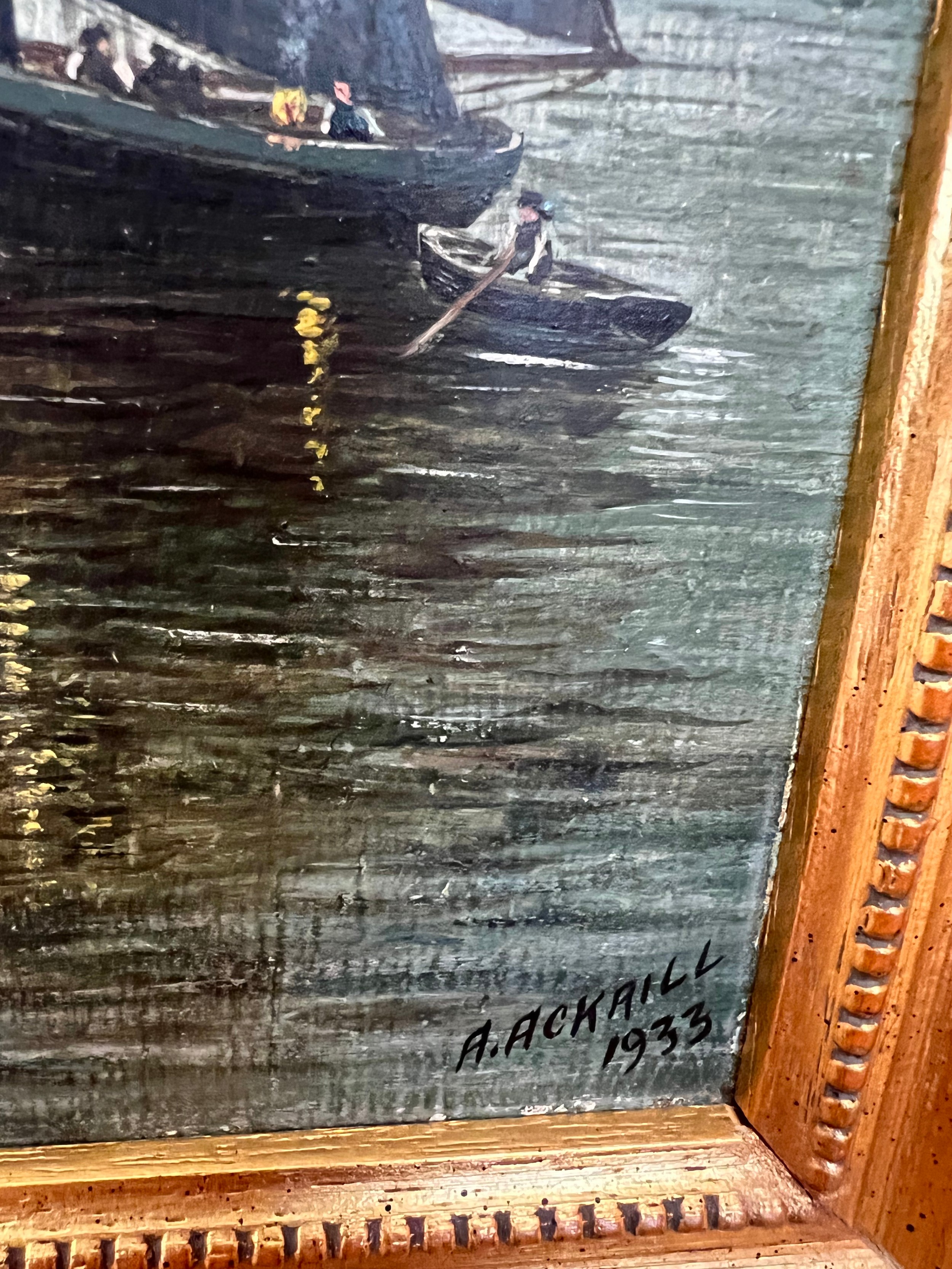 A. Ackrill - pair of oils on board, nautical scene of sailing ships in matching gilt frames. - Image 5 of 6