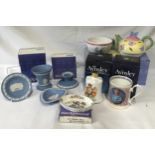 A collection of mixed ceramics to include five Wedgewood pieces posy pot, fluted candlestick, silver
