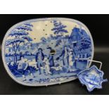A blue and white transfer printed beemaster meat drainer marked 81 to reverse along with a Spode It