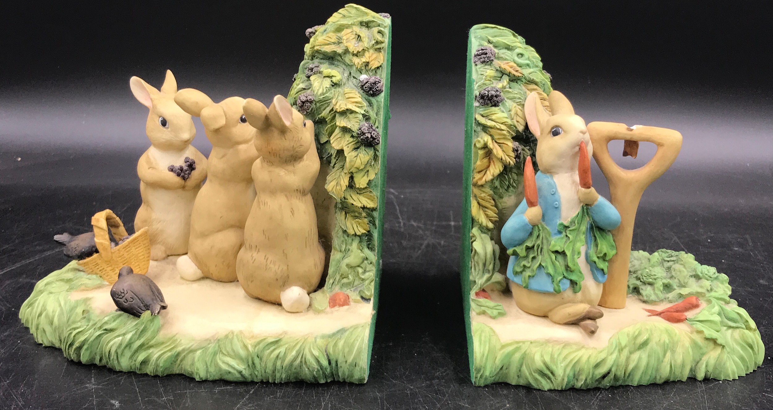 A pair of Beatrix Potter Border Fine Arts Peter Rabbit book ends.