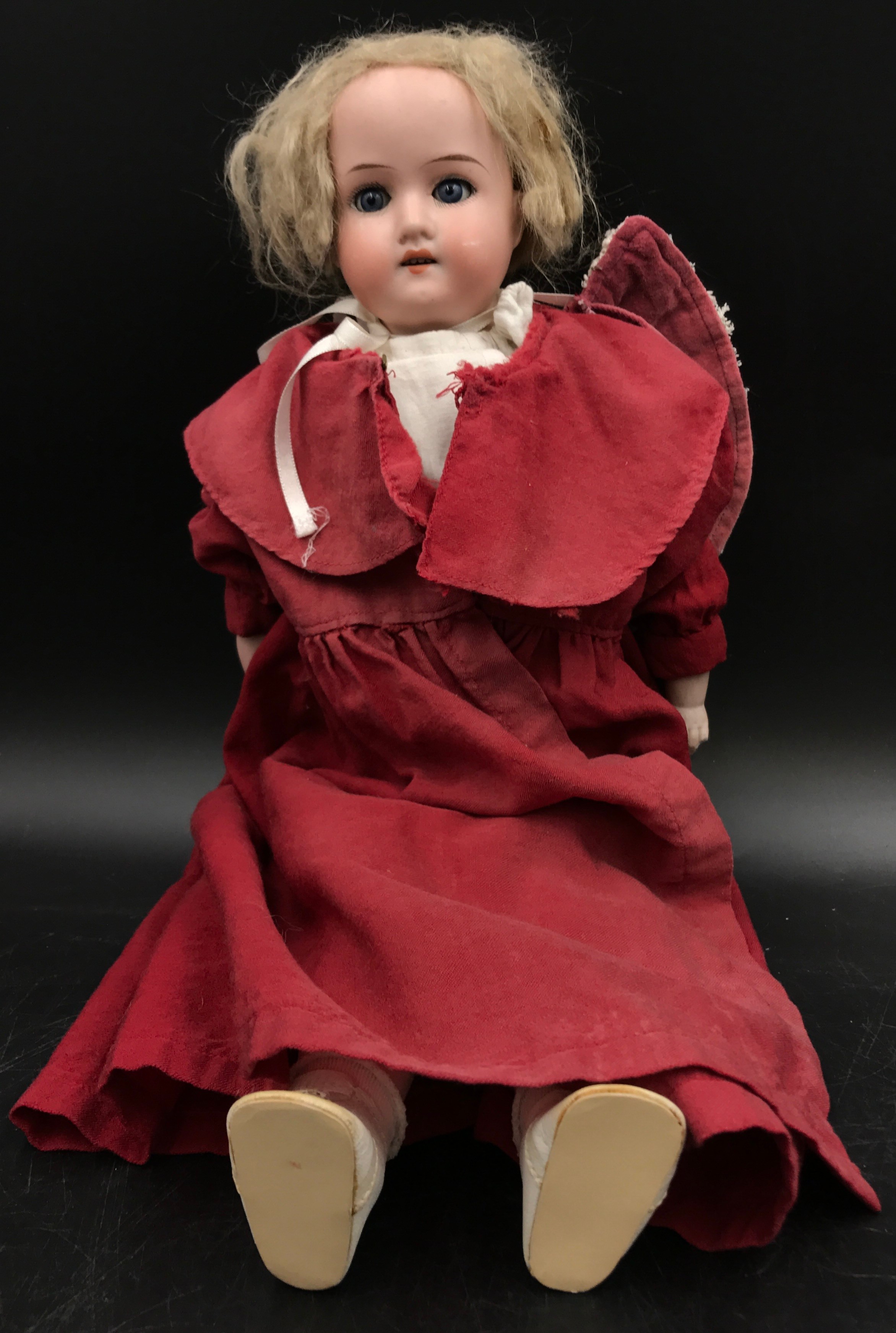 Armand Marseille doll 48cm h with leather body and bisque forearms, hands and lower legs, blue inset - Image 3 of 5