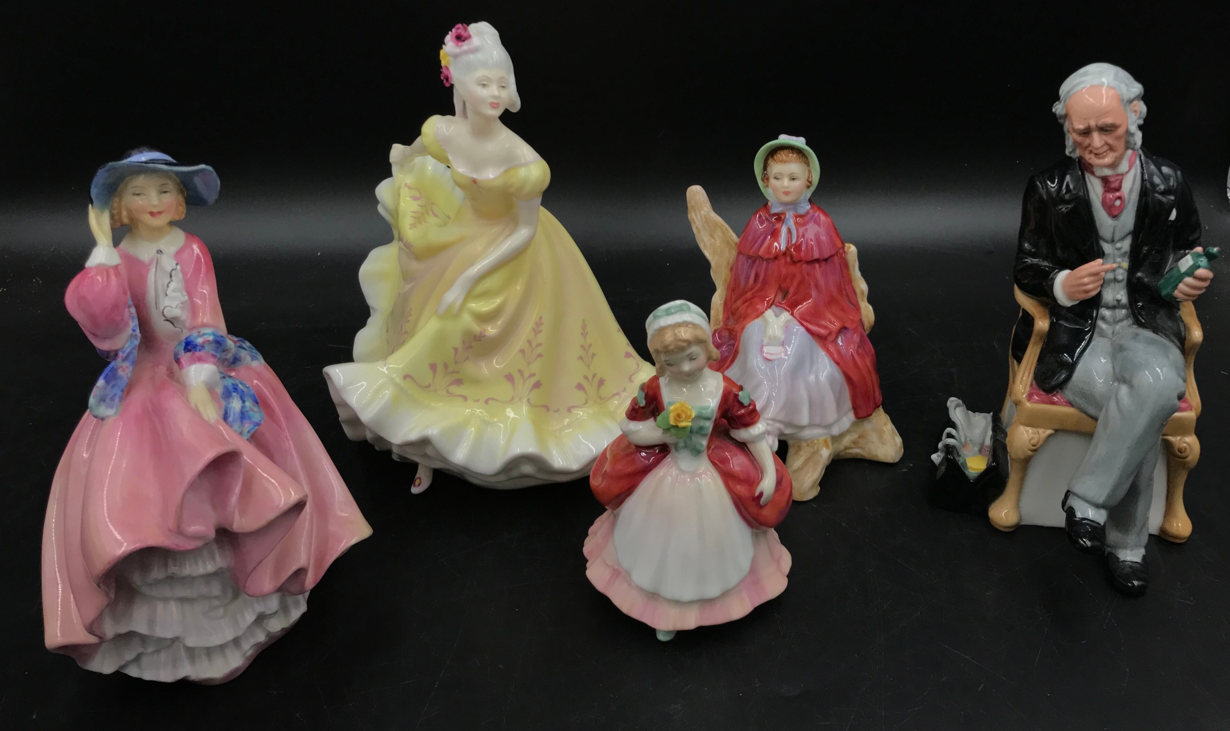 Five figurines of Royal Doulton to include "Top of the Hill", "Ninette" 22cm, "The Doctor", "