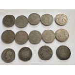 A collection of 14 Half Crowns, dates include 1948, 1895, 1926, 1920, 1825.