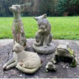A mixture of reconstituted stone and terracotta animals to include cats, dog and frogs. Dog 50cm h.