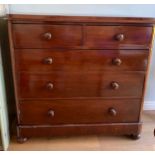 A 19thC mahogany chest of drawers two short over three long on bun feet 122 w x 116 h x 51cm d.