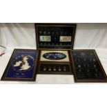 Collection of five pictures depicting coins and stamps: "Ancient to Modern British Currency from