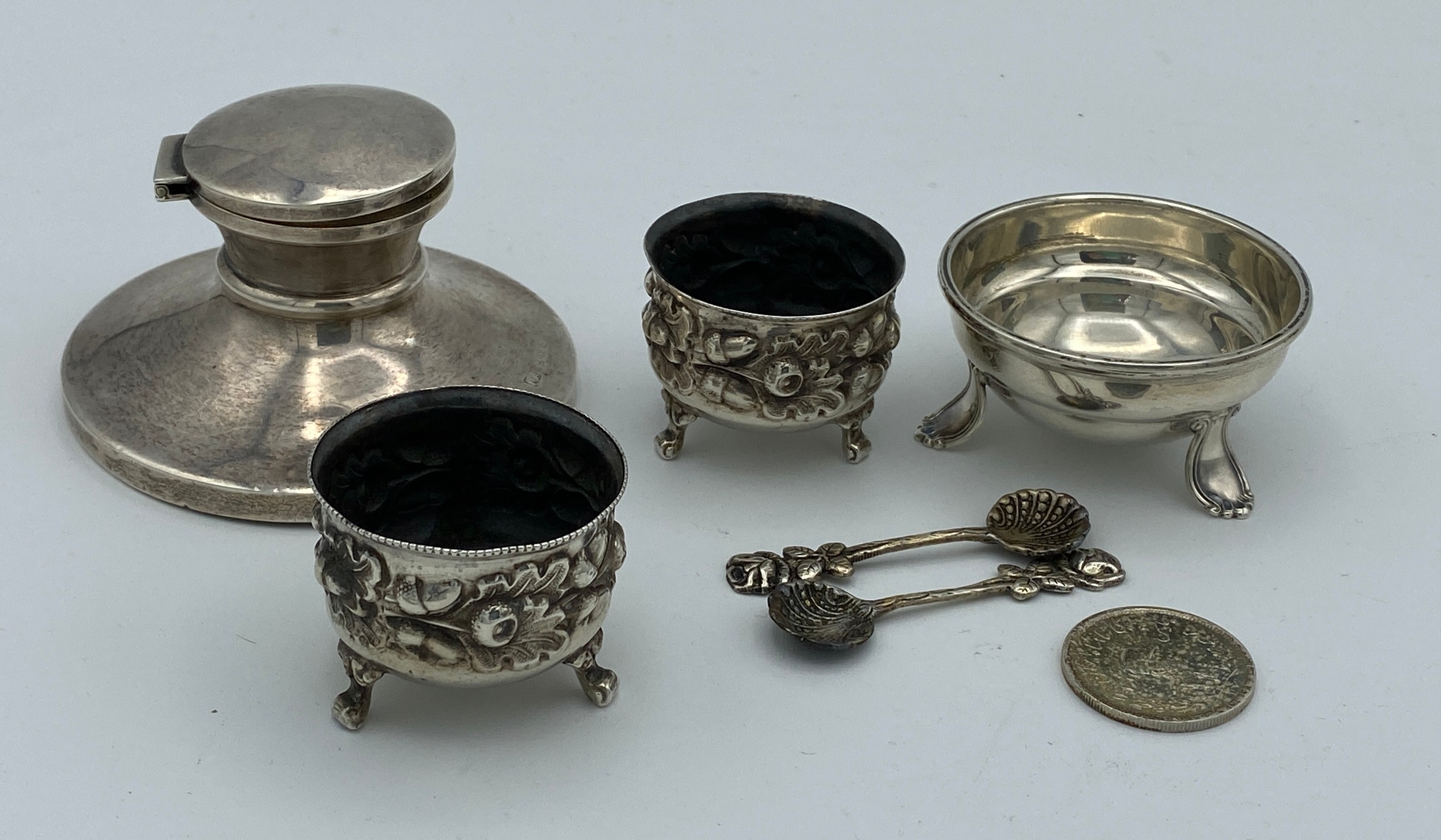 Various silver to include two silver salts embossed with acorns and leaves London 1897 makers mark