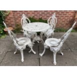 An aluminium garden set comprising round table, 4 chairs and planter. Table 68cm d.