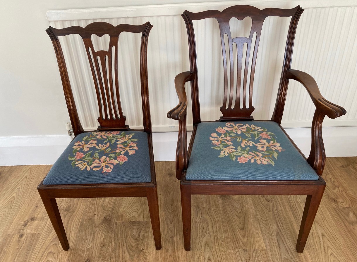 A set of six mahogany dining chairs to include 2 carvers with needlework drop in seat covers. - Image 2 of 2