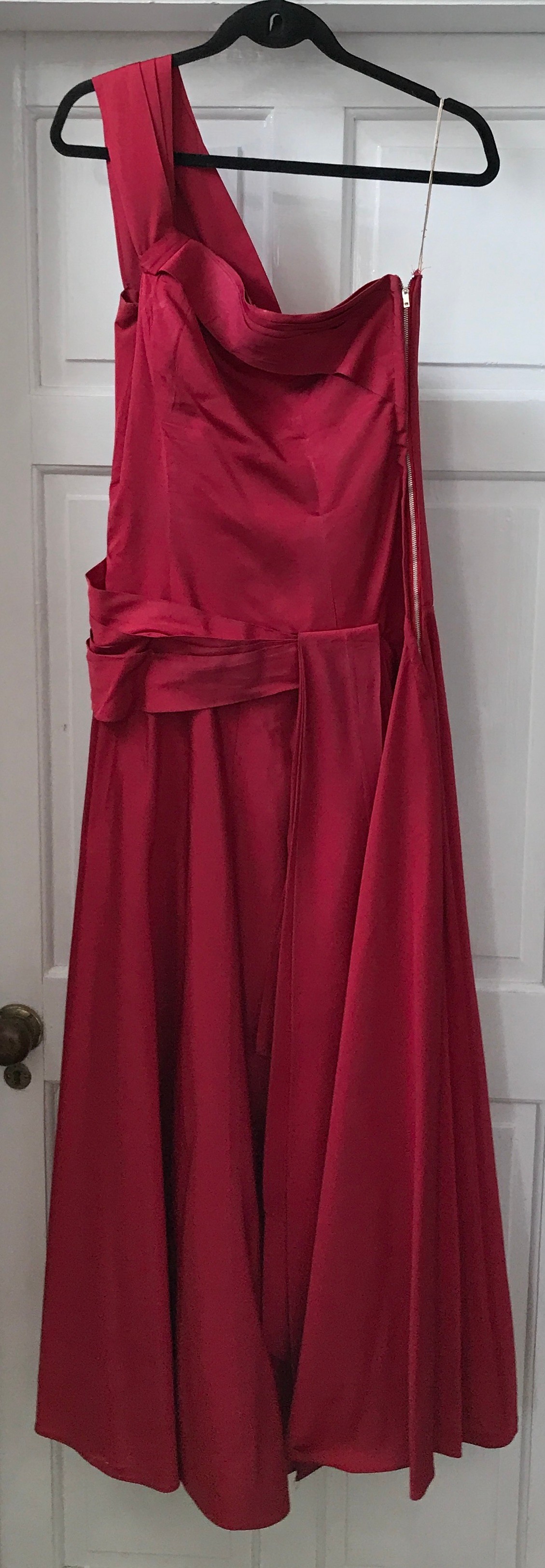 A 1950's red evening gown. Waist approx. 36cm, 150cm l.