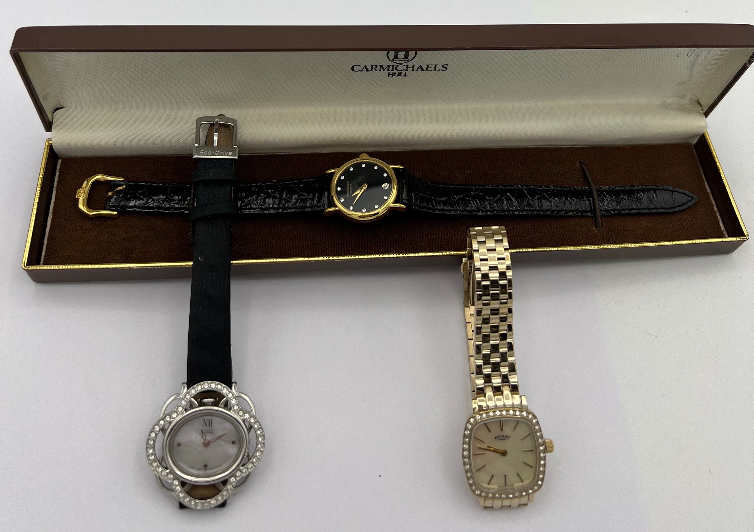 Three ladies wristwatches. Rotary with mother of pearl face, diamond set bezel and stainless steel