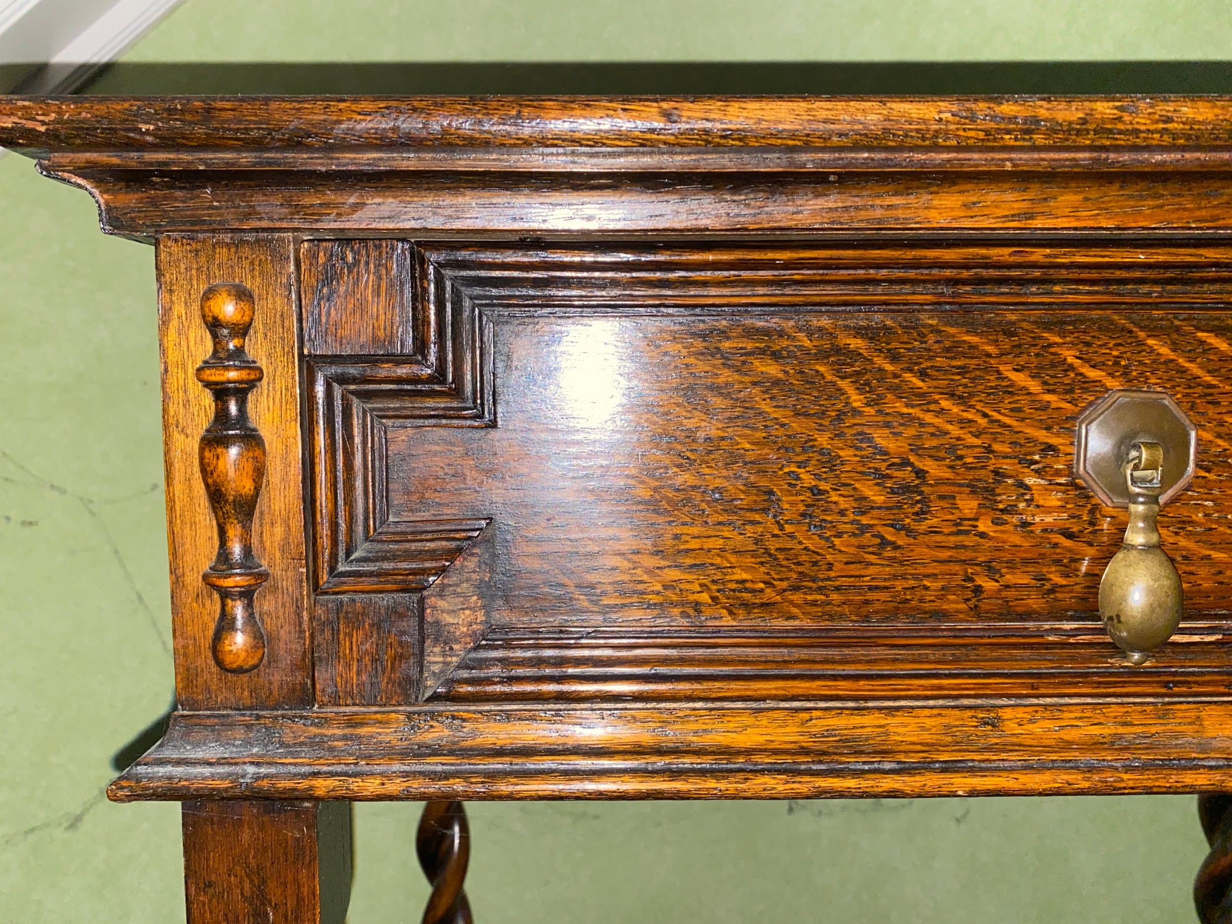 An oak two drawer side table on barley twist legs. 106 w x 77 h x 40cm d. - Image 3 of 3