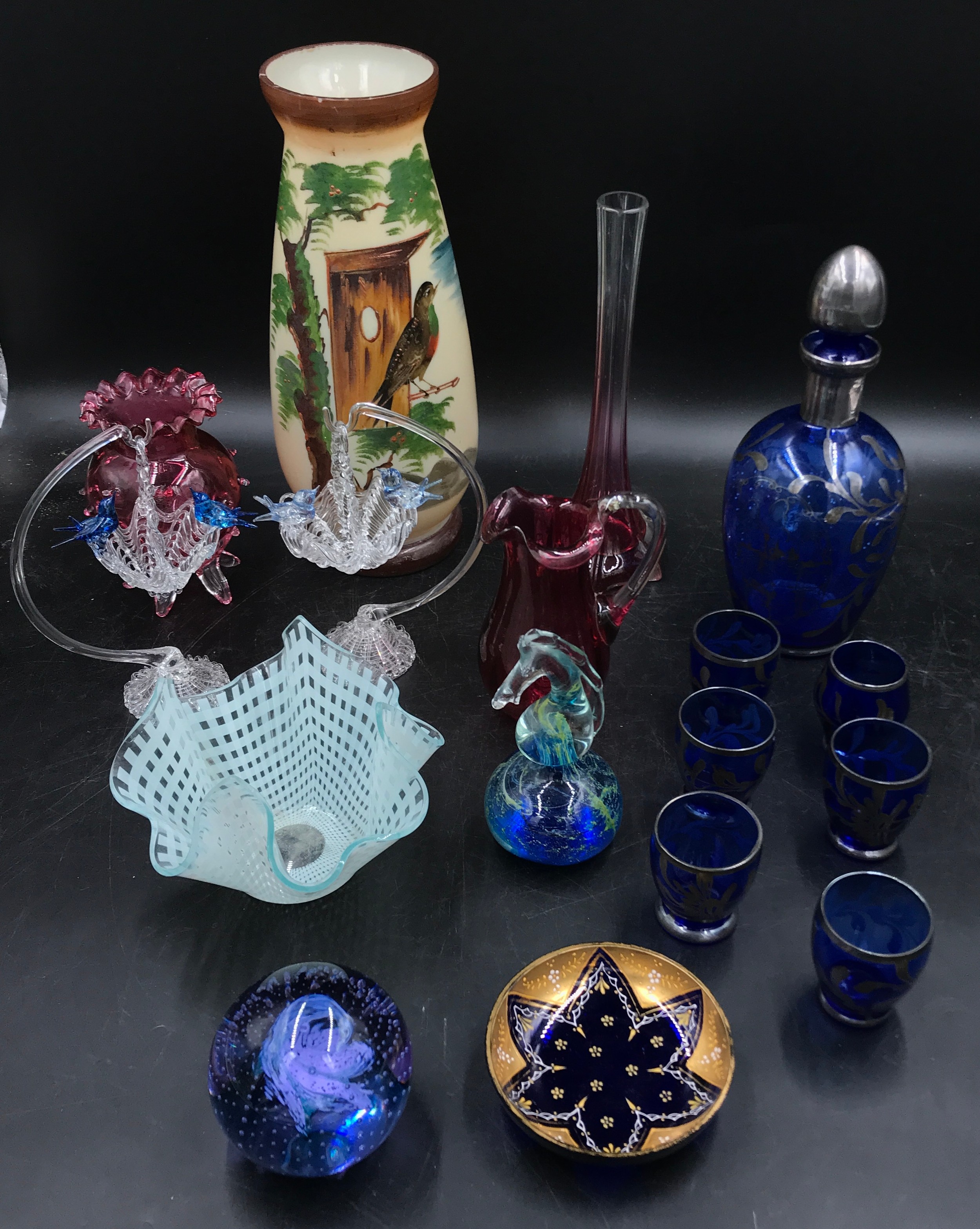 Various glass items to include handkerchief bowl, cranberry vases x 2 and jug, Caithness