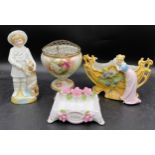 Continental ceramics to include rose bowl, twin handled planter, figure of boy with dog and a