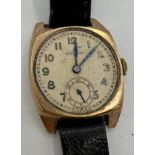 A nine carat gold cased Rolex wristwatch on leather strap.