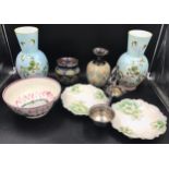 Lot of mixed ceramics to include two 19thC glass vases, a tobacco jar with lid, bowl, vase and a