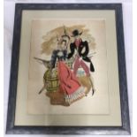 Caricature watercolour of a couple in period costume on a quayside with a Sailing Ship in the