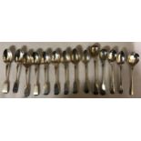 Fourteen hallmarked silver spoons to include 5 matching fiddle pattern teaspoons Exeter 1881, 3