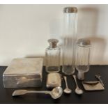 Hallmarked silver to include three silver topped glass jars, vesta case, stamp holder, salt and