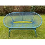 A blue plastic and metal stringed bench. 144 w x 80cm h.