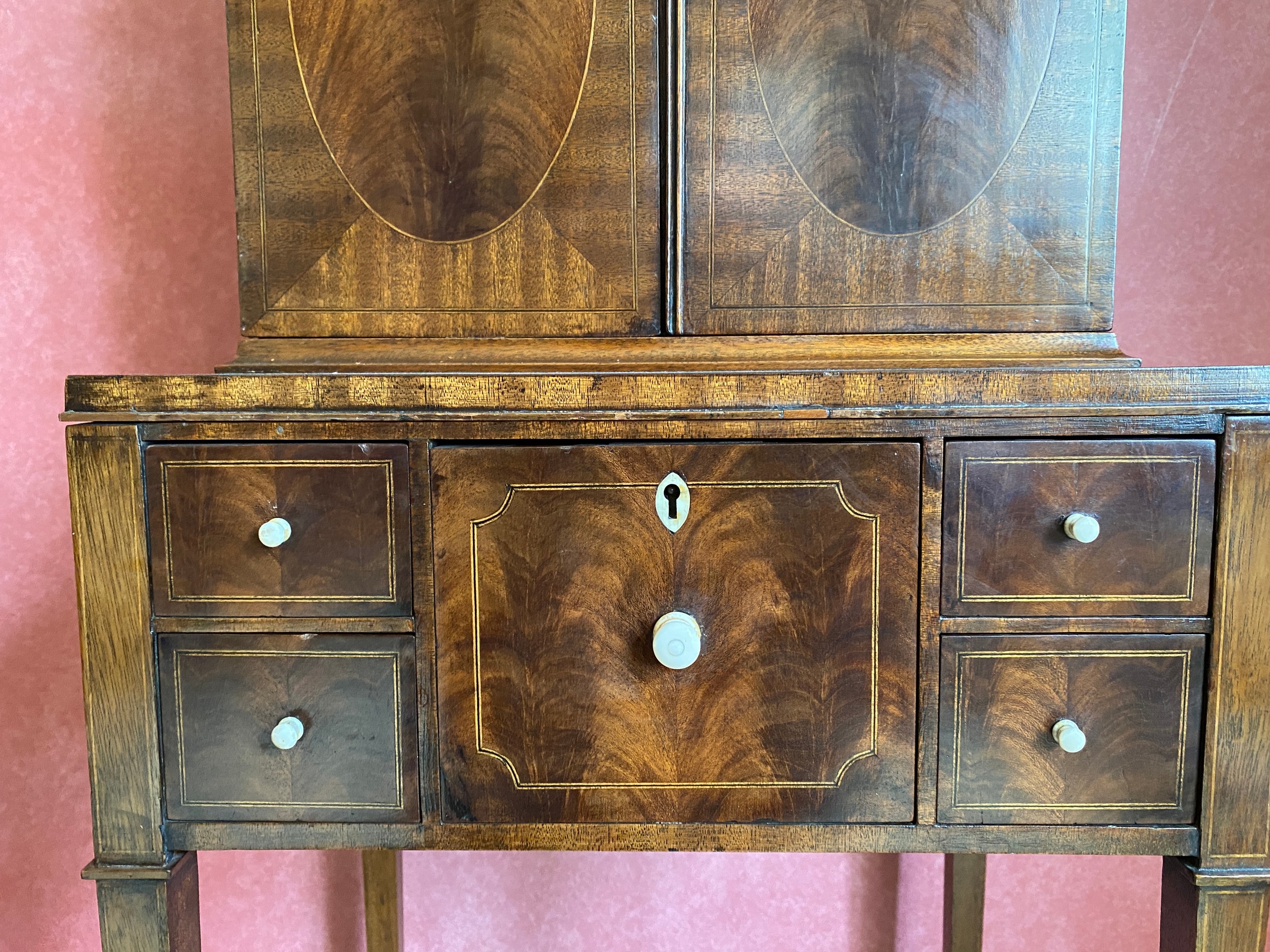 An Edwardian mahogany inlaid cabinet, 2 doors over 4 drawers on square tapered legs. Ivory - Image 3 of 5