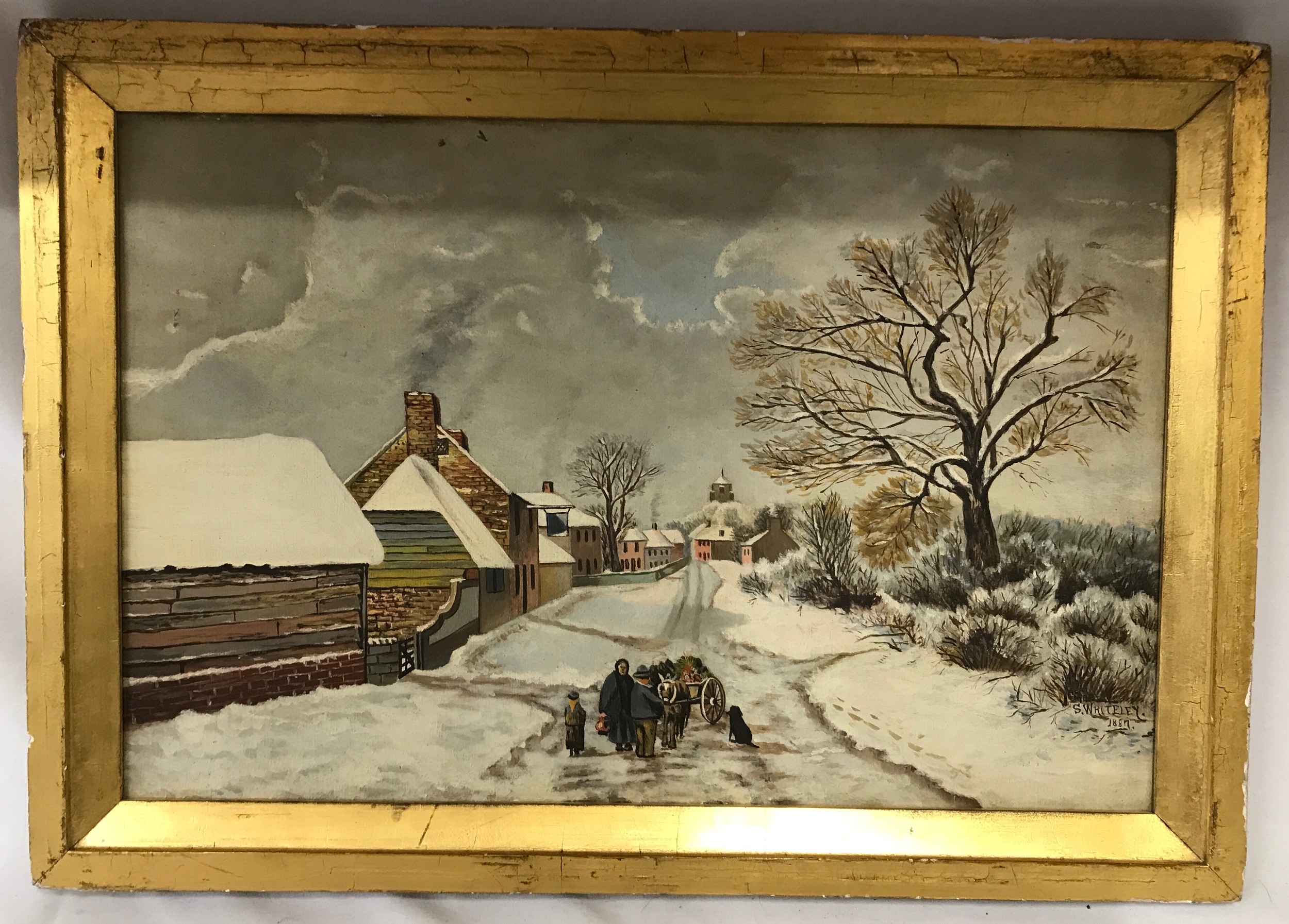 Three paintings depicting outdoor snowy winter scenes largest image on canvas and signed S. Whiteley - Image 2 of 9