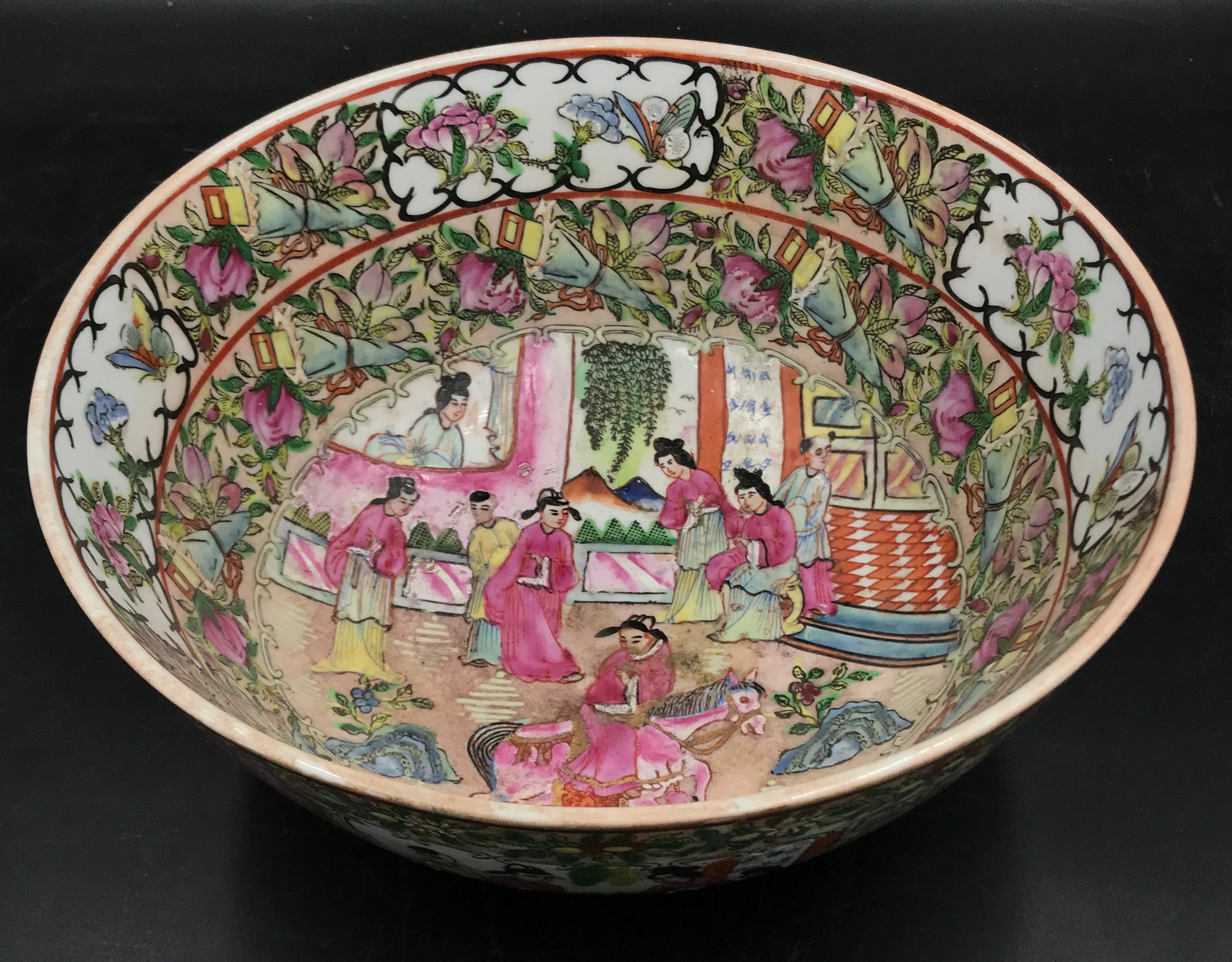 Chinese Canton porcelain famille rose decorated punch bowl. Six character marks to base