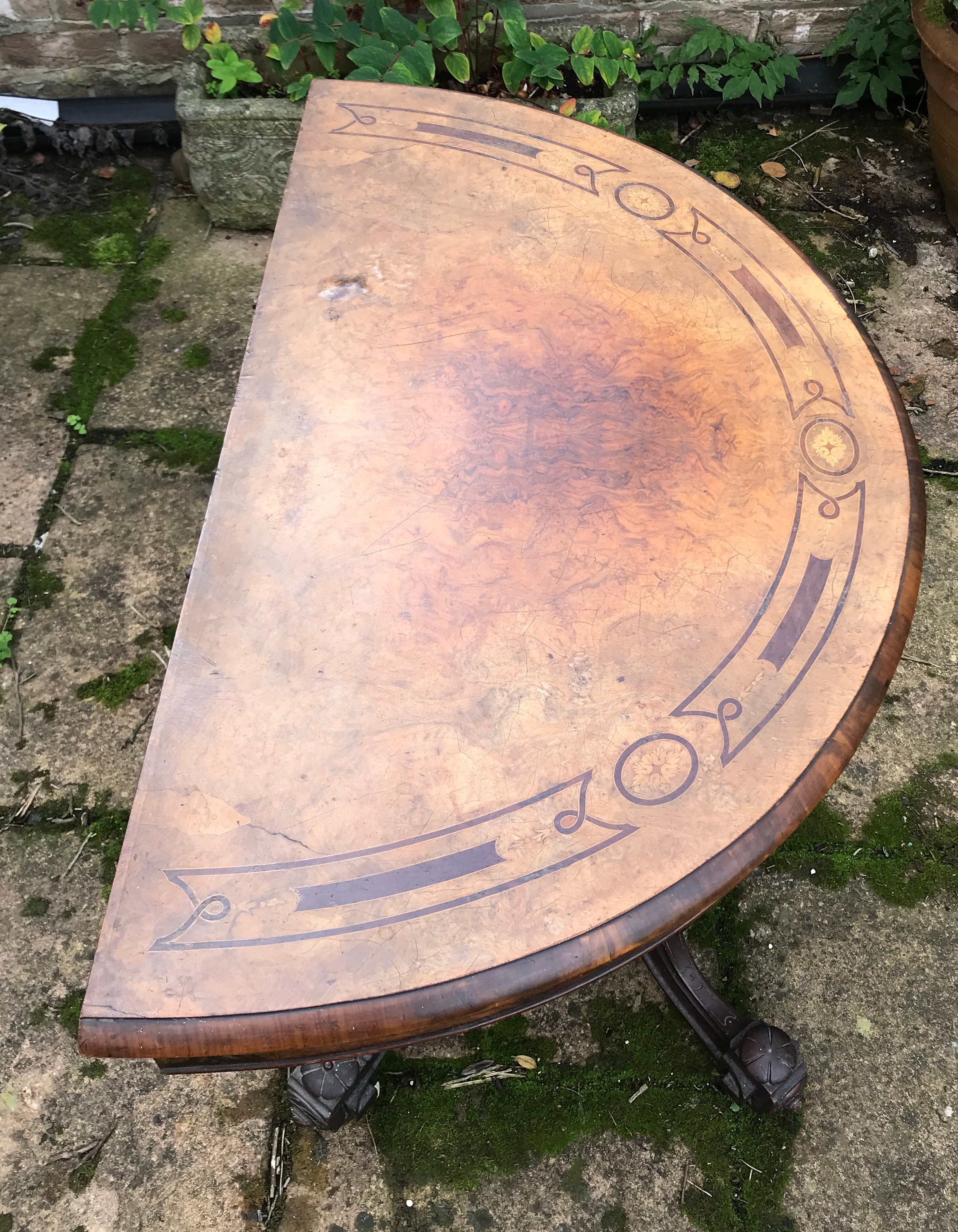 A Victorian walnut demilune card table, hinged top enclosing a baize lined playing surface, turned - Image 6 of 7