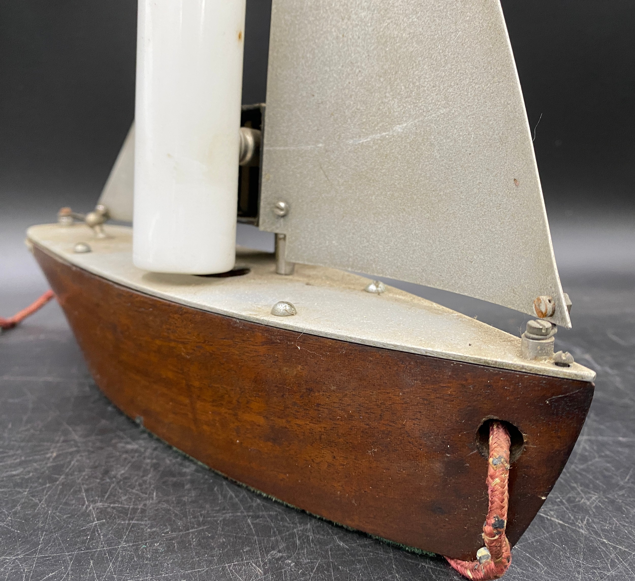 A mid-century chrome and hardwood lamp modelled as a sailing boat 'Plassey', height 36cm to top of - Image 4 of 4