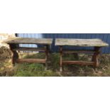 A pair of Yew wood garden tables both approx. 107 l x 44 w x 66cm h.