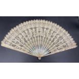 Ornate lace mother of pearl fan together with three scarves, to include two silk, one cream silk