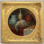 George Hedley, British 19thC , oil on canvas, still life of game with walnuts, fruit and jars on a