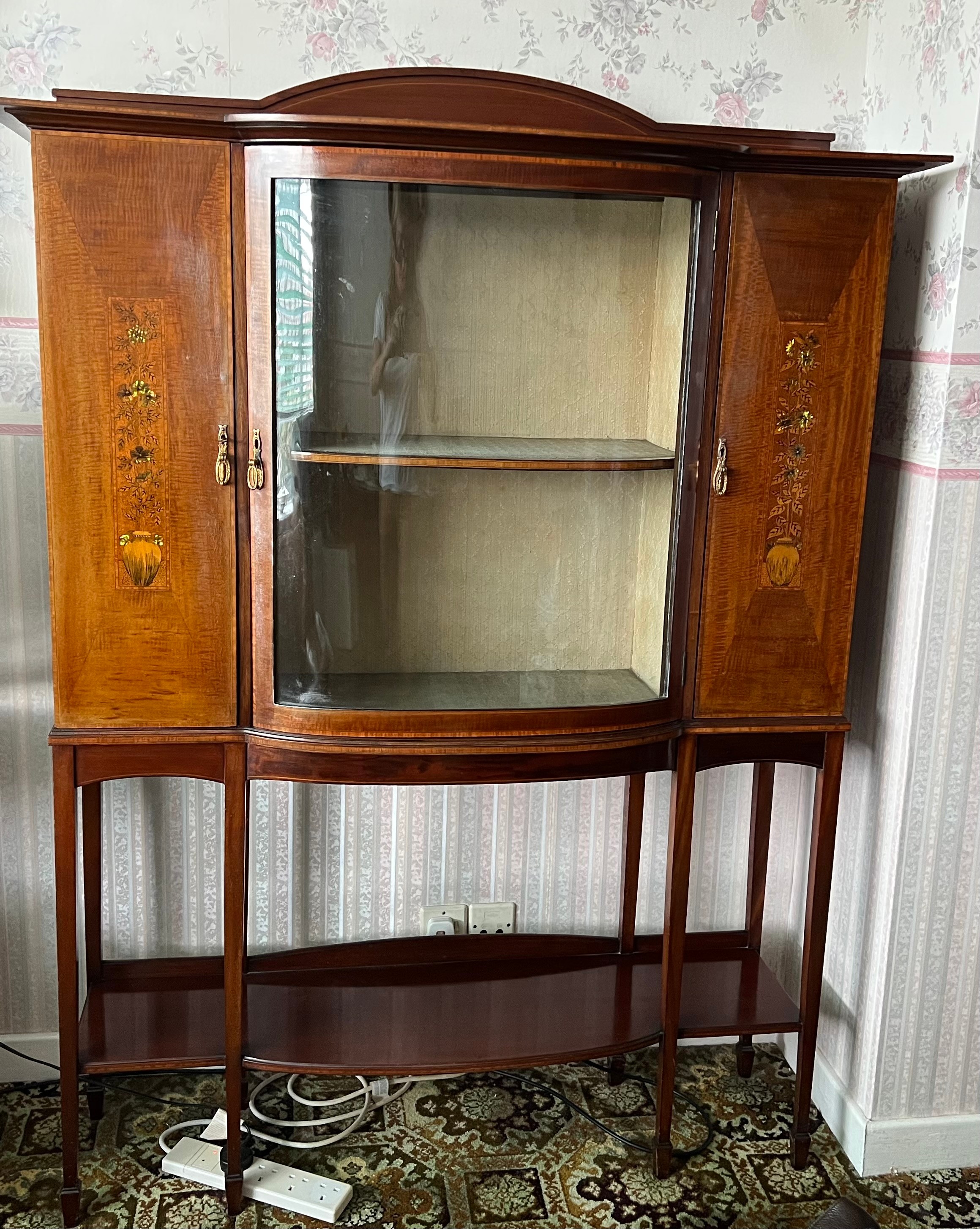 Edwardian mahogany inlaid display cabinet. 122 w x 265 h x 35cm d.