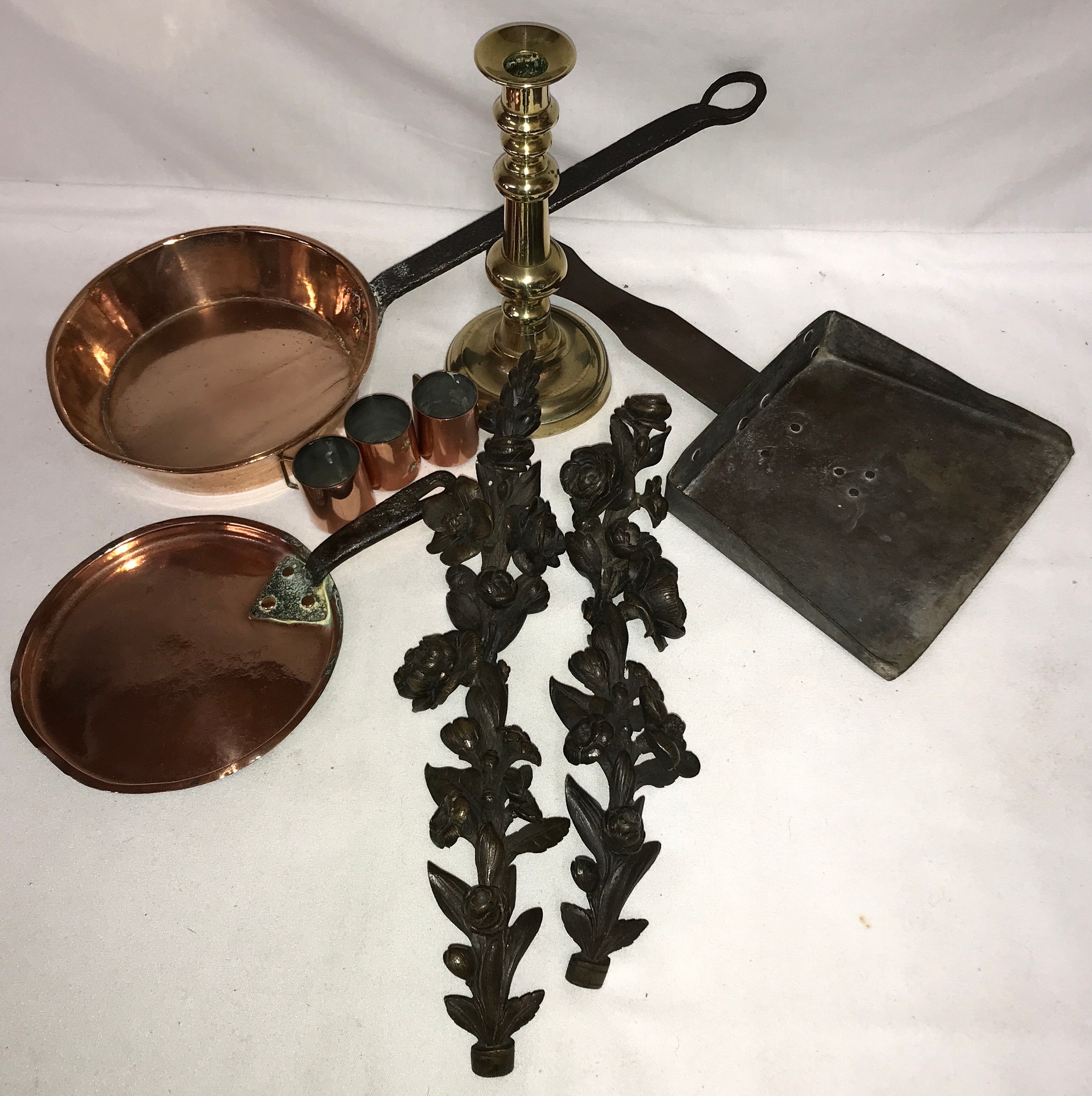 Various metal items to include brass candlestick 24cm h, heavy copper boiling pan, with applied