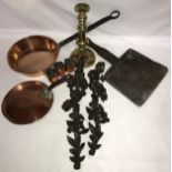 Various metal items to include brass candlestick 24cm h, heavy copper boiling pan, with applied